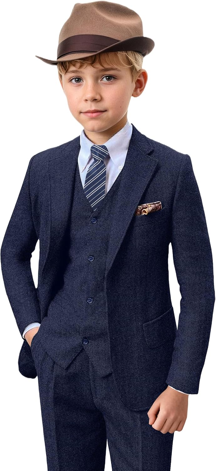 Boys Tweed Herringbone Suits 5 Pcs Boy Retro Tweed Suit for Wedding