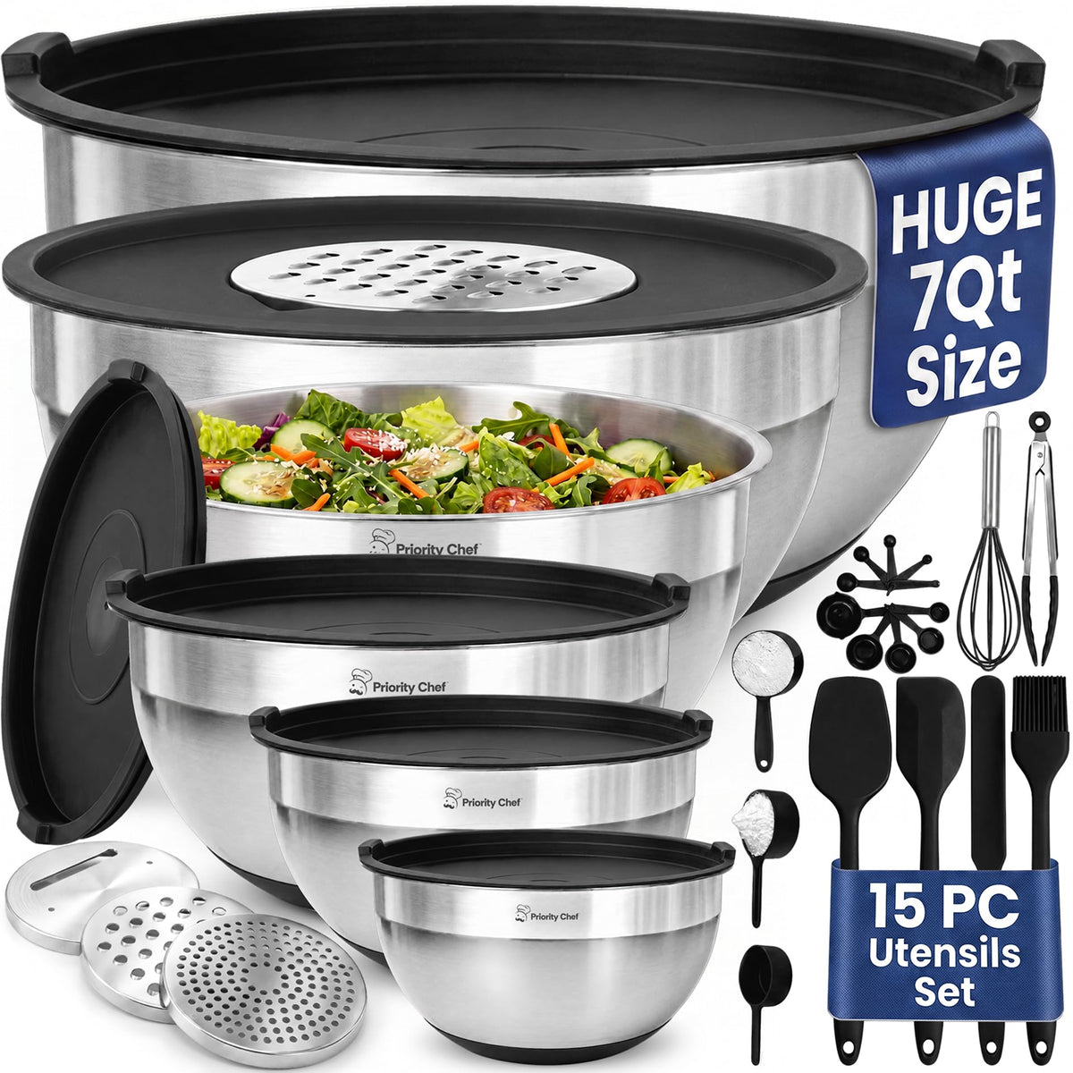 6Pc Stainless Steel Mixing Bowls with Lids Set, Huge 7 Qrt Size Metal Bowl Set, 3 Graters, Non-Slip Bases & Silicone