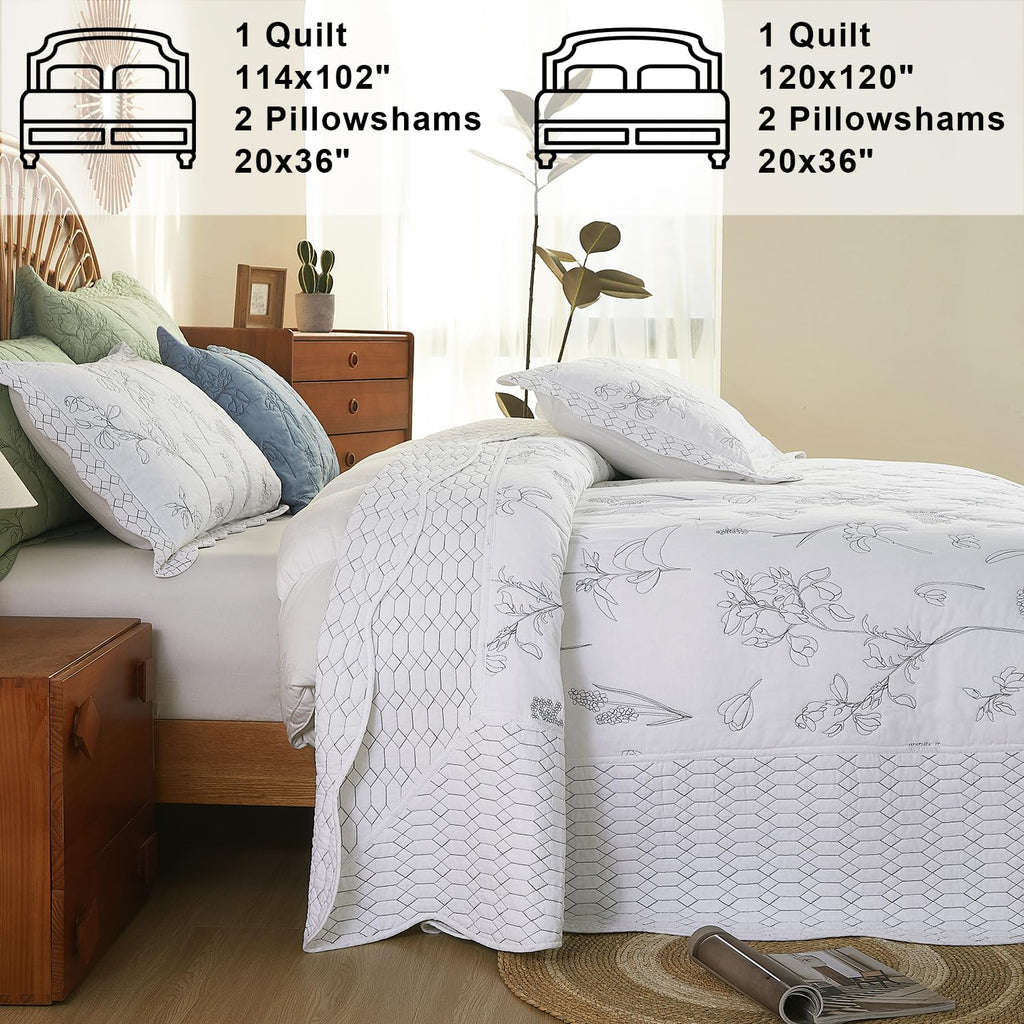100% Cotton Bedspread, 3 Pieces Floral Pattern Stitching Quilt Oversized Embroidery Bedding