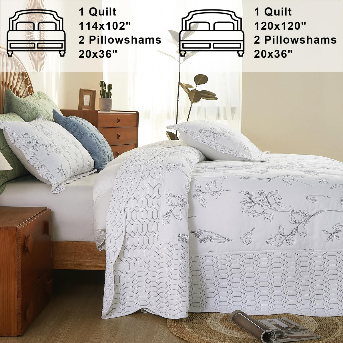 100% Cotton Bedspread, 3 Pieces Floral Pattern Stitching Quilt Oversized Embroidery Bedding