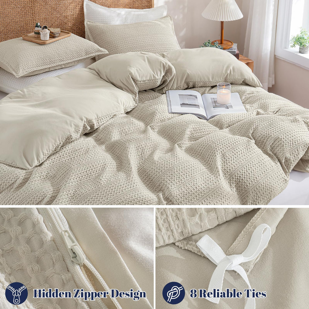 Ultra Soft Waffle Weave Duvet Cover 3 Pieces - 3D Textured Breathable Waffle Bedding Set 90"x90" with 2