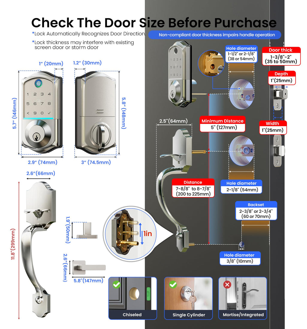 8-in-1 Fingerprint Smart Front Door Lock Set, Satin Nickel