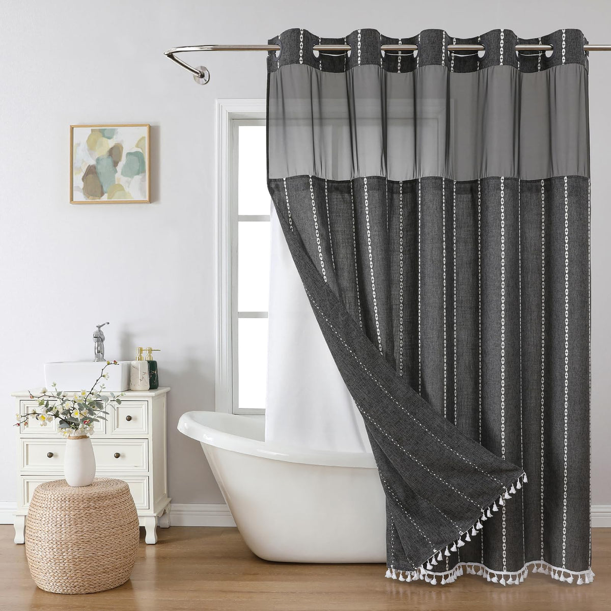 No Hook Long Set with Snap-in Fabric Liner, Linen Textured Thick Striped Fabric with Tassels, Boho Farmhouse Rustic