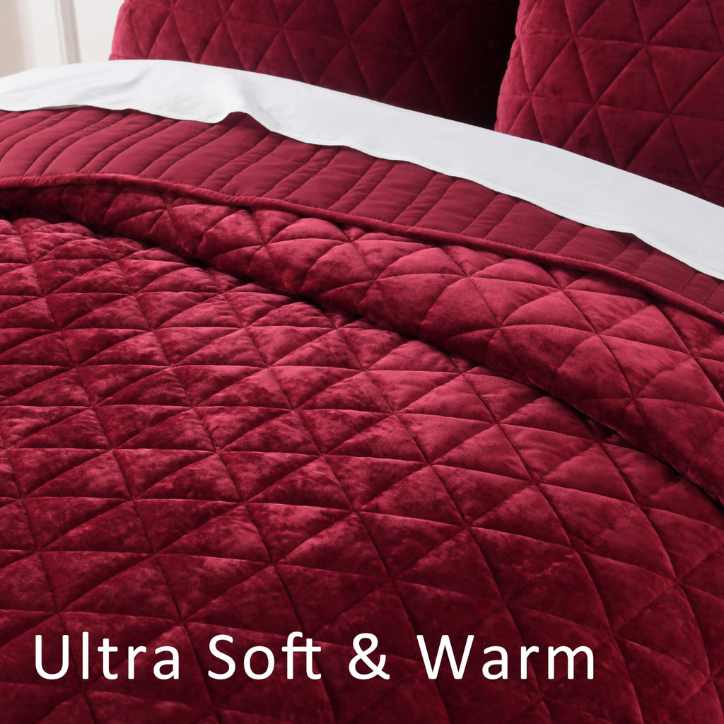Burgundy Velvet Quilt, Comforter Set Wine Red Bedding Set (118"*118") with 2