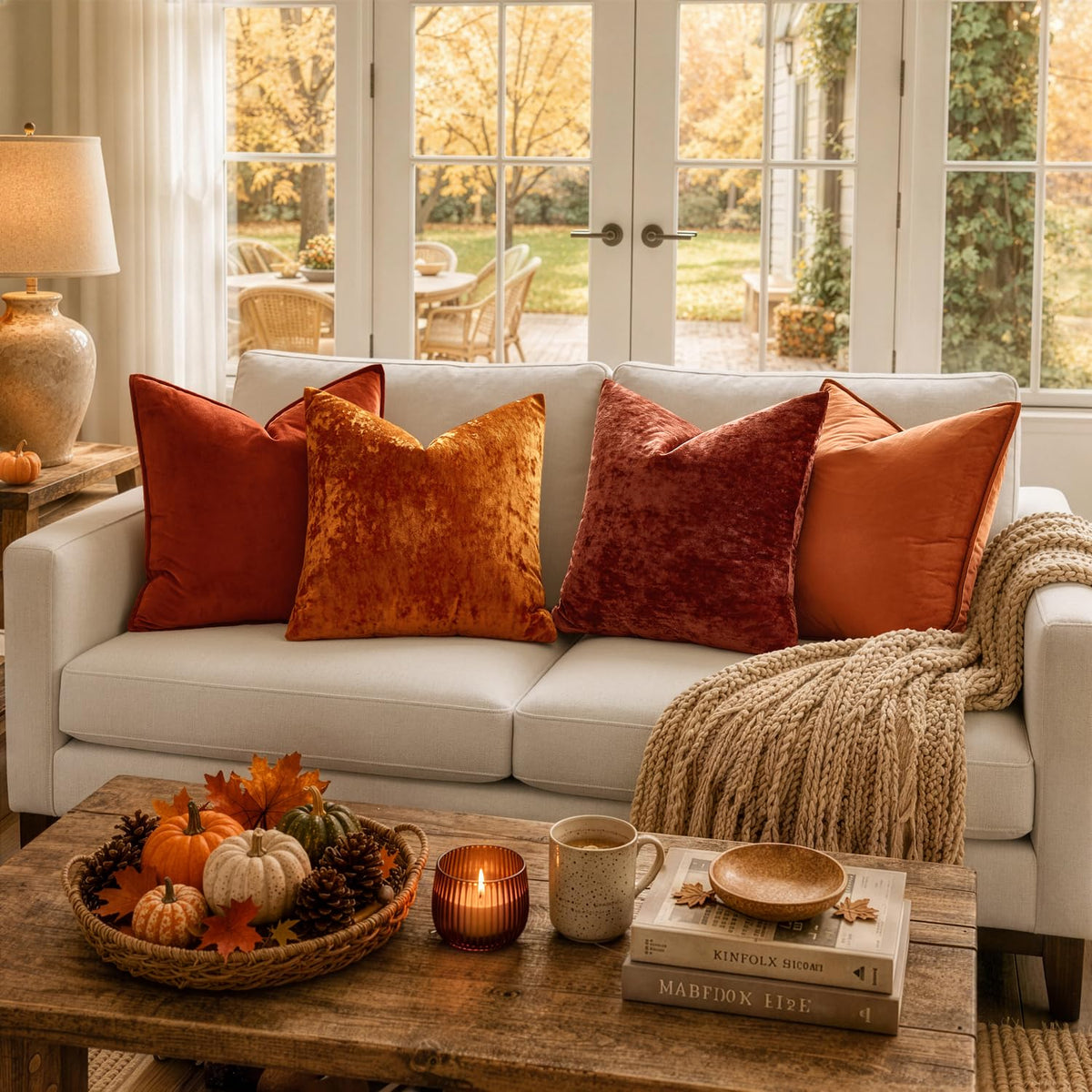 Fall Velvet Throw Pillow Covers Burnt Orange 16x16 inch Set of 2