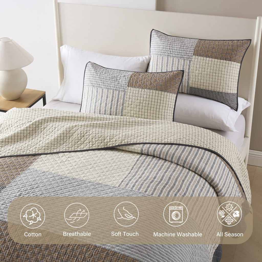Quilt 100% Cotton Lightweight Soft Quilt Real Patchwork Plaid Quilted Bedspread Brown Beige Gray