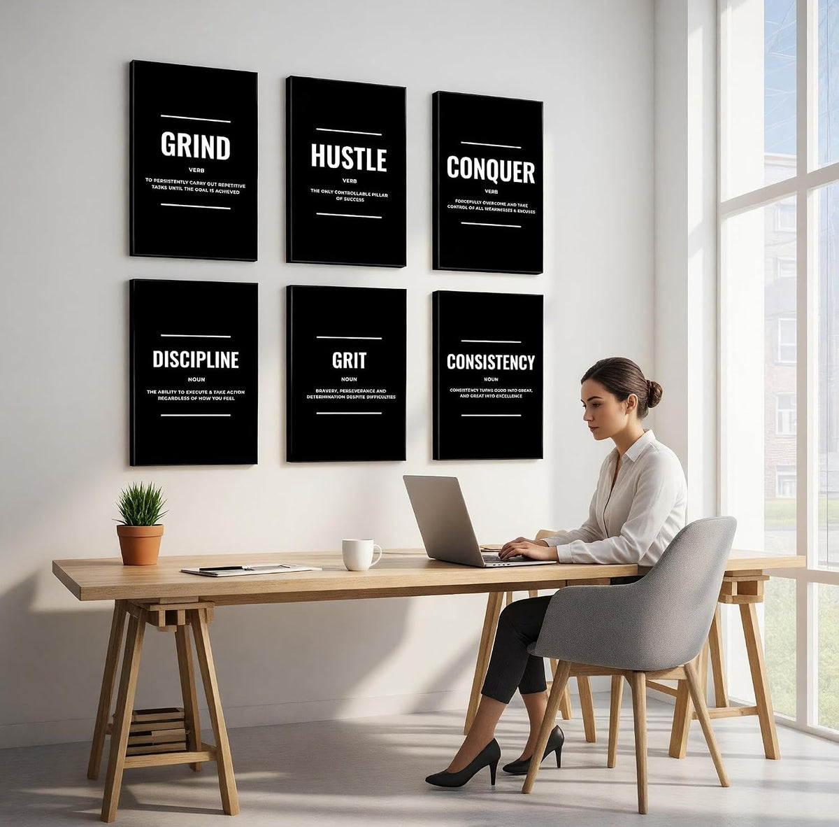 Black and White Motivational Canvas Wall Art Set of 6 - Framed Gallery-Wrapped Prints for Men, Office, Bedroom &