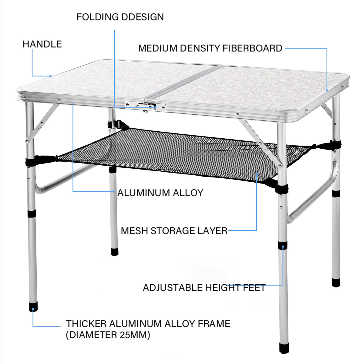 Aluminum Camp Table, 36''L x24''W Folding Table Portable
