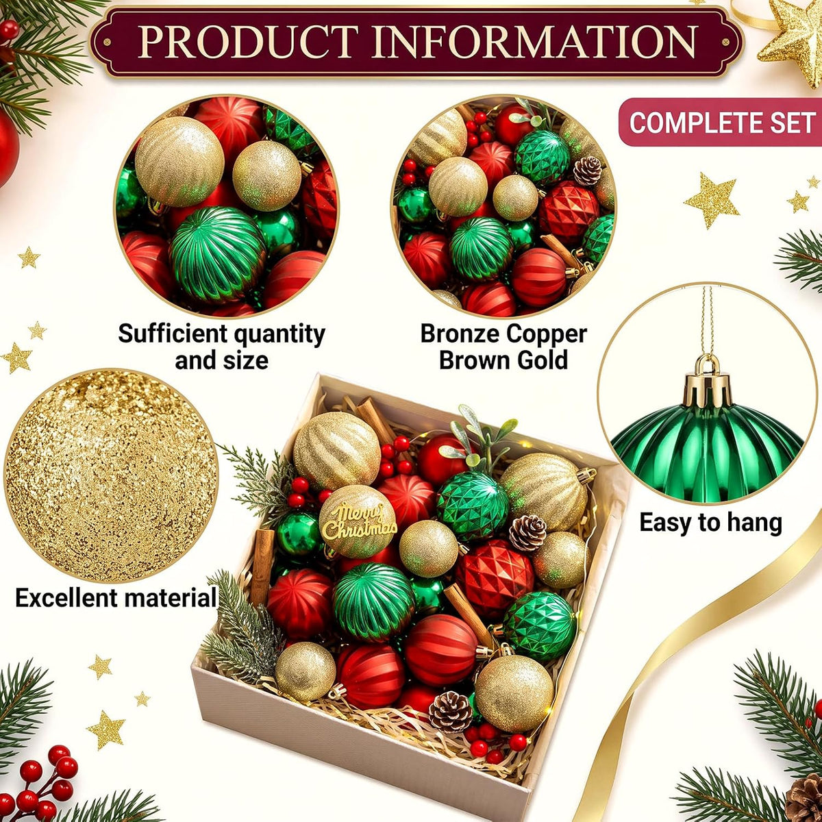 64 Pcs Christmas Tree Decoration Ball Ornaments, Red Green