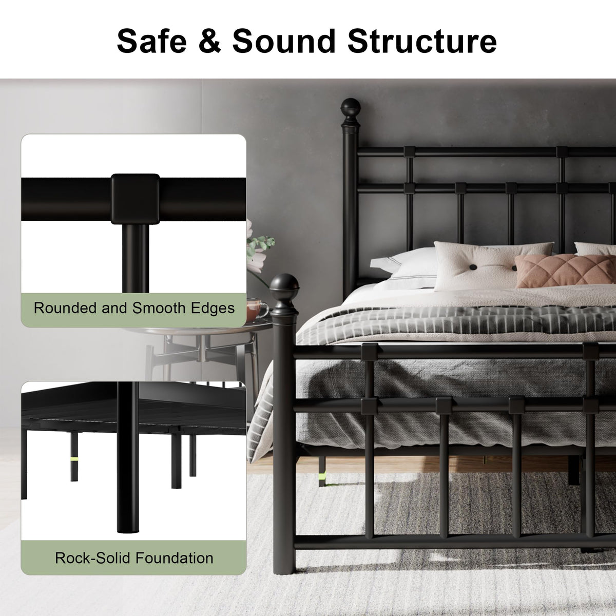 Metal Platform Bed Frame with Victorian Classic Iron-Art Headboard & Footboard, Steel Slats Support, 12" Under