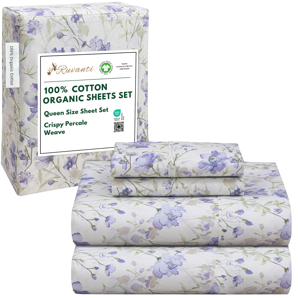 100% Cotton Organic Queen Sheets, Percale Queen Sheet Set, Heather