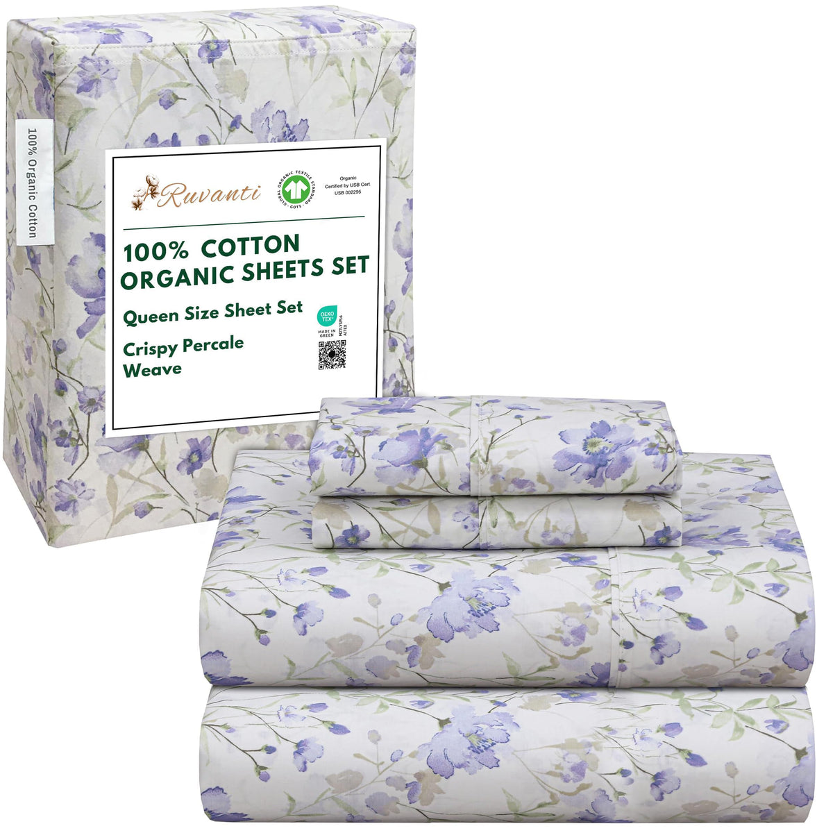 100% Cotton Organic Queen Sheets, Percale Queen Sheet Set, Heather