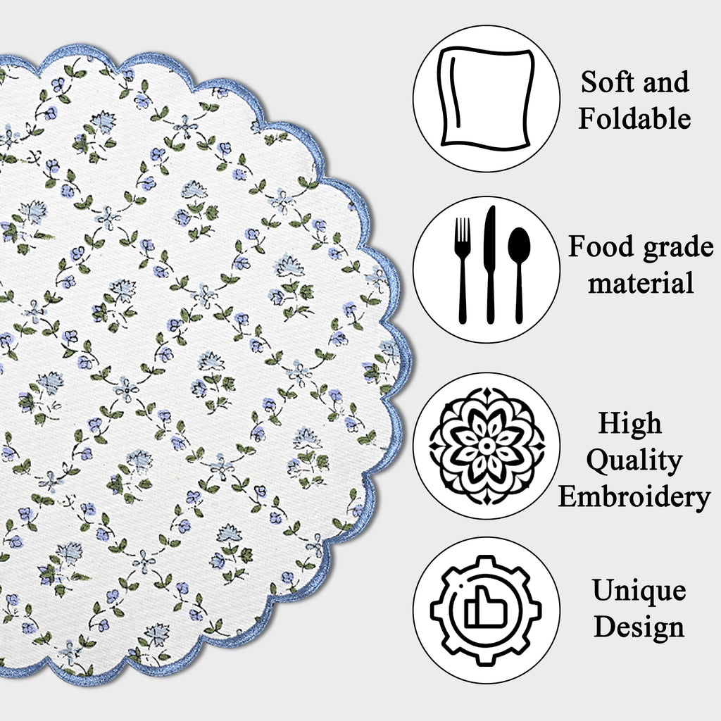 Floral Block Print Round Placemats 15 Inch, Set of 4, Powder Blue