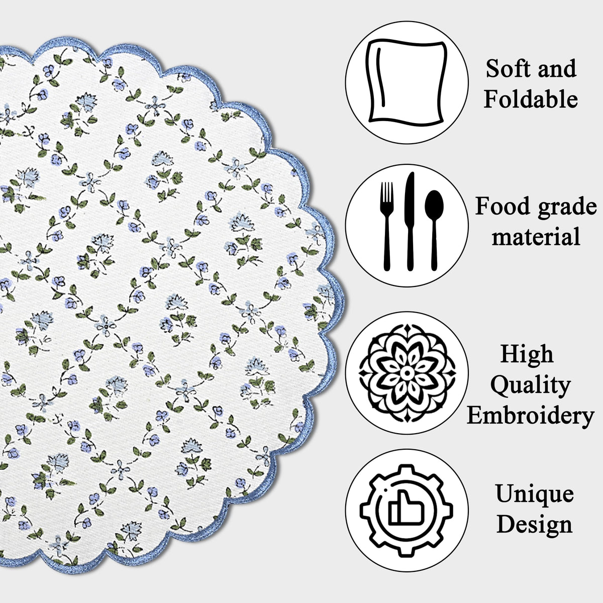 Floral Block Print Round Placemats 15 Inch, Set of 4, Powder Blue