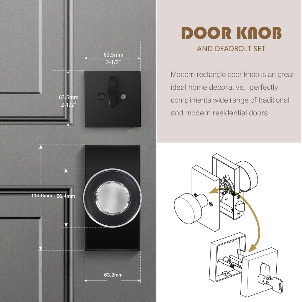 Black Glass Crystal Door Knobs with Deadbolt, Single Cylinder Deadbolt Set