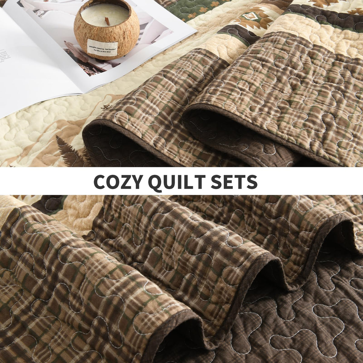 Cabin Quilt Set, 100% Cotton Farmhouse Bedspread, Forest Tree Brown Bear Deer Striped Patchwork Reversible