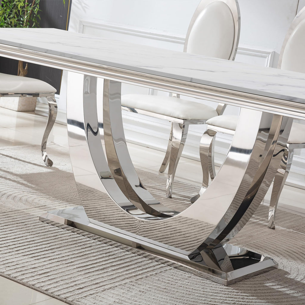 Inspired Saarinen Style White Marble Dining Table Luxury Faux Marble Kitchen Table with U-Shape Mirrored Pedestal Base, 68" Rectangular White