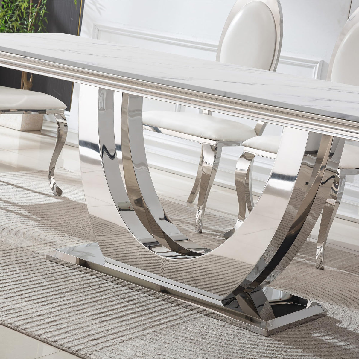 Inspired Saarinen Style White Marble Dining Table Luxury Faux Marble Kitchen Table with U-Shape Mirrored Pedestal Base, 68" Rectangular White