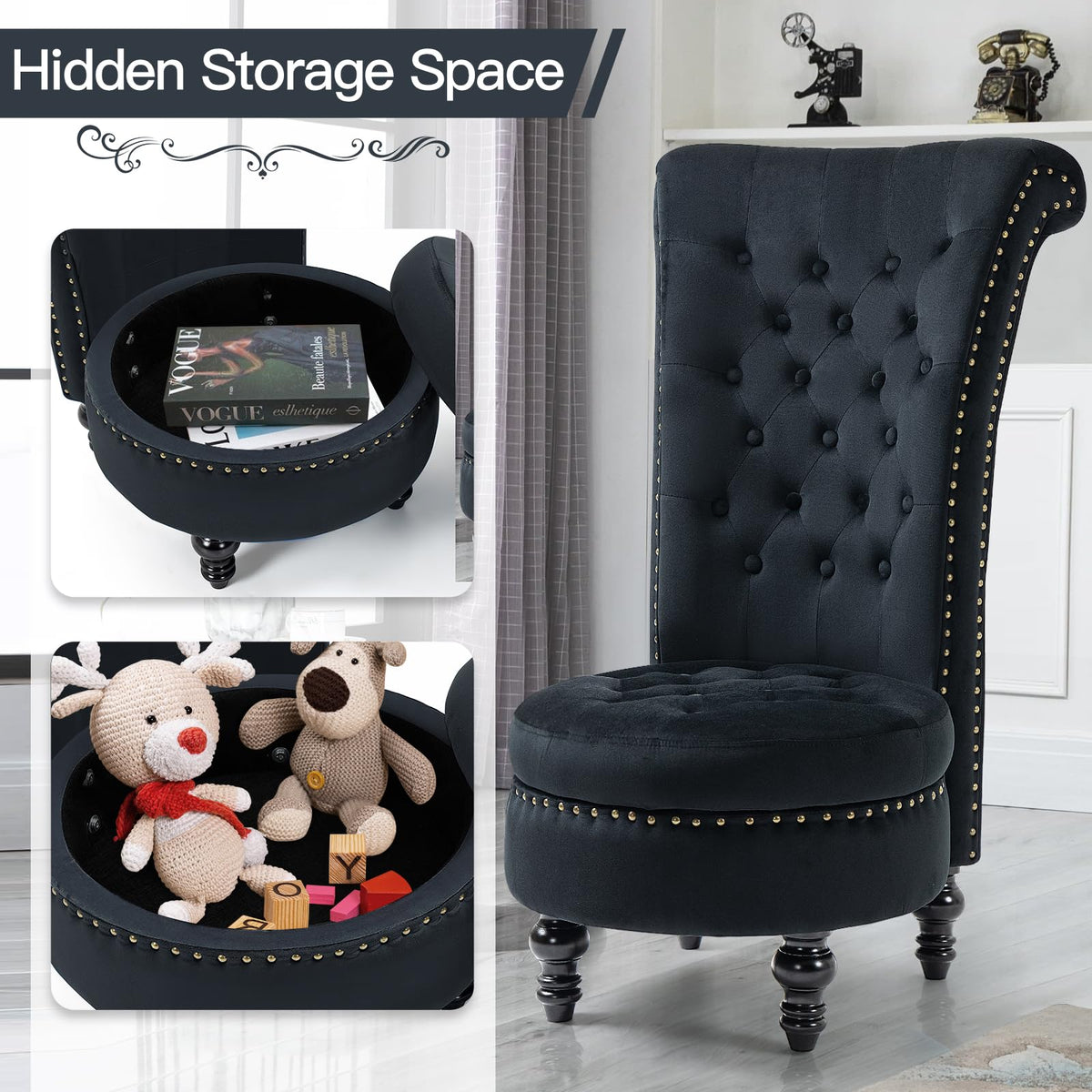 High Back Velvet Tufted Throne Chairs with Storage Set of 2, Black