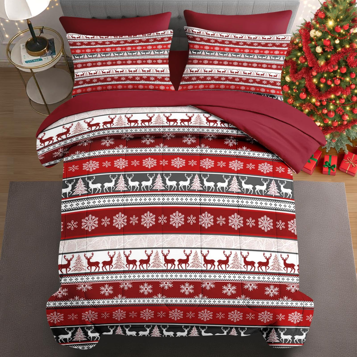 Full Christmas Comforter Set with Sheets, 7 Pieces Boho Bedding