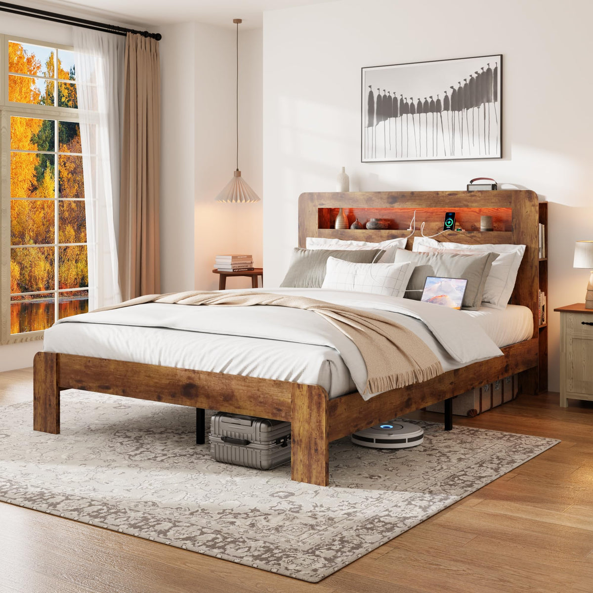 Wooden Bed Frame with Storage Headboard, Farmhouse Platform Bedframe with Bookcase Shelf & Led Lights