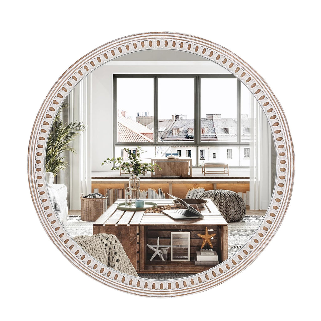 24 Inch Round Wood Mirror, Rustic Farmhouse Circle Mirrors for Wall Decor