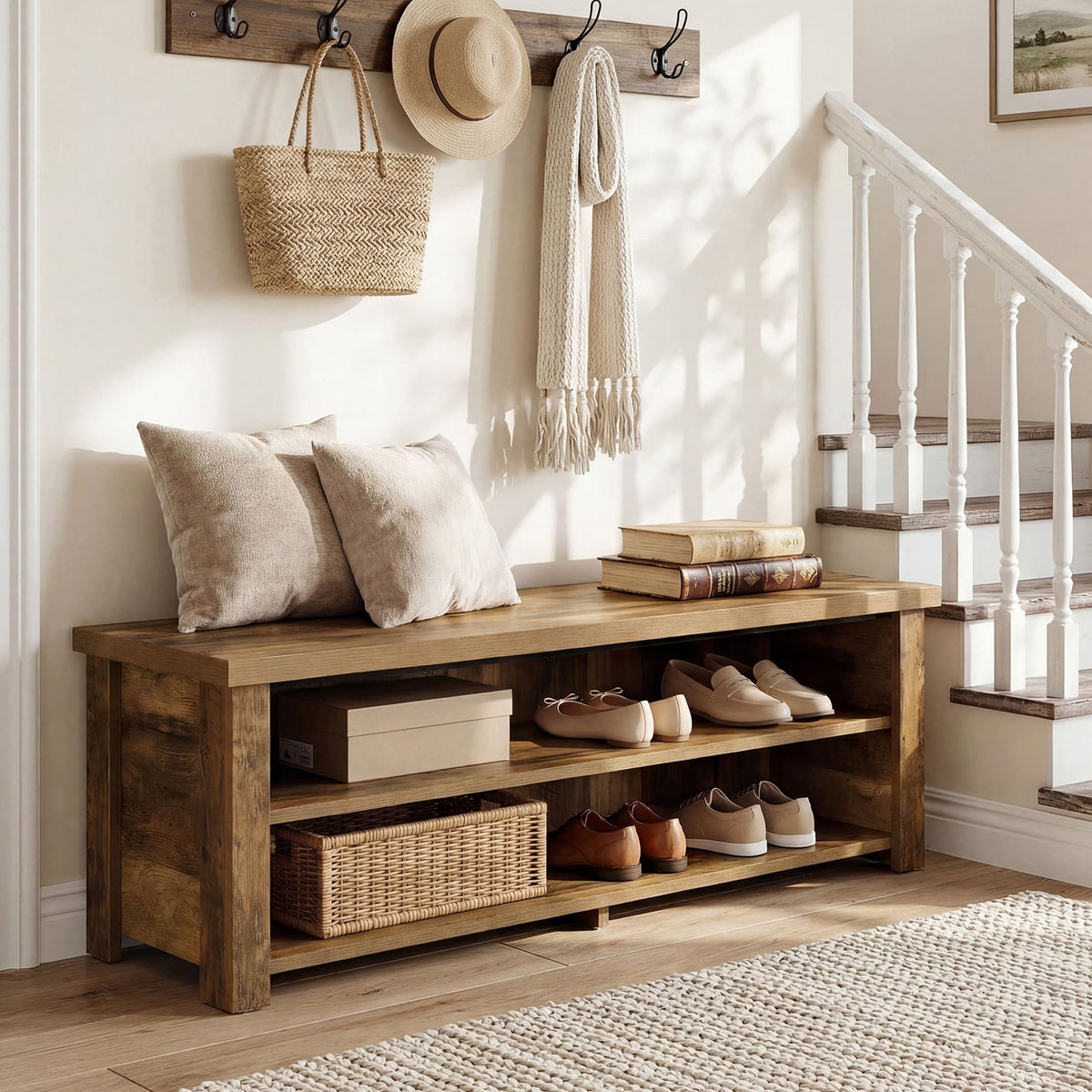 55.12" Entryway Bench with Storage, Farmhouse Shoe Storage Bench