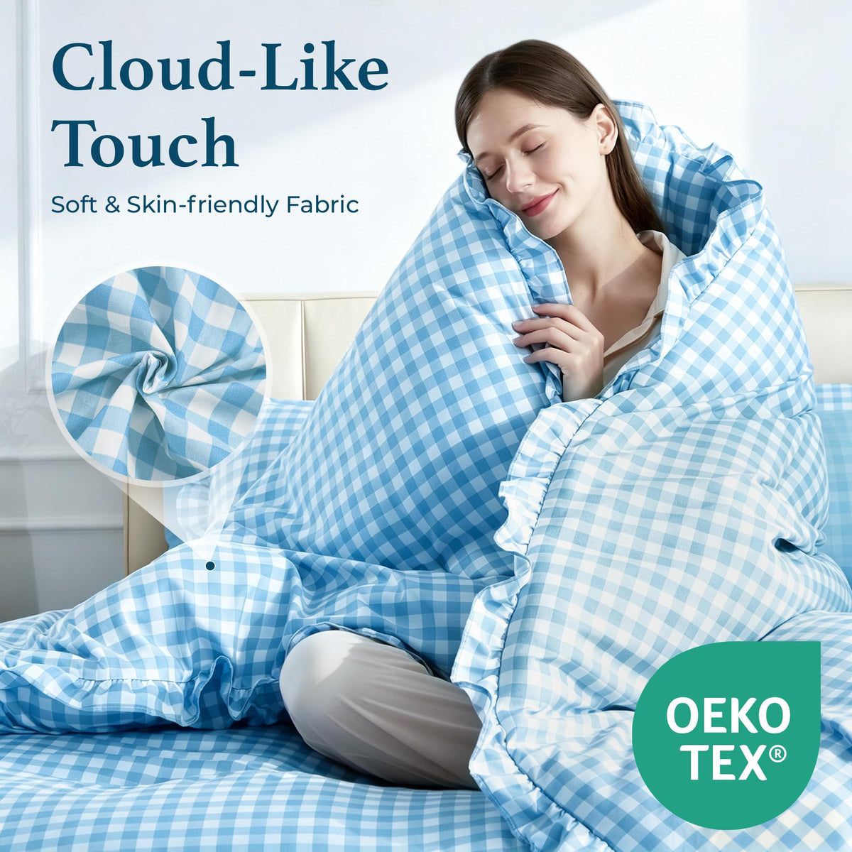 7 Pieces Gingham Ruffle Comforter Set, Blue Grid Tartan Bedding Set, Soft Breathable Fabric Comforter