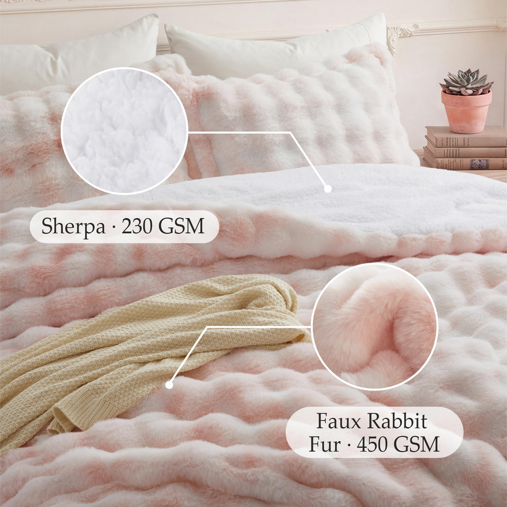 Faux Rabbit Fur Comforter Set, 3-Piece Reversible Sherpa Bedding, 450 GSM Faux Fur with Cozy Sherpa Reverse, 3D