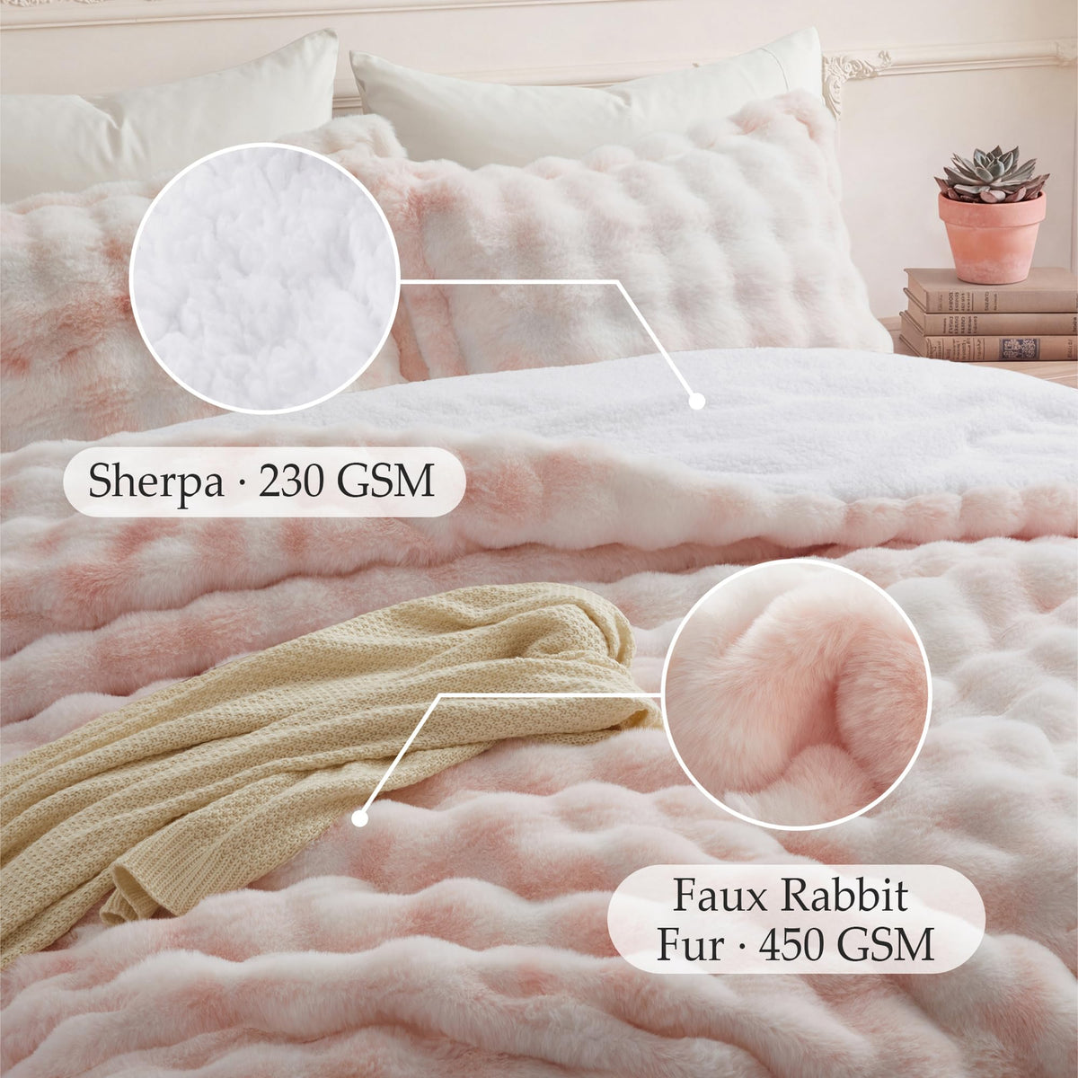 Faux Rabbit Fur Comforter Set, 3-Piece Reversible Sherpa Bedding, 450 GSM Faux Fur with Cozy Sherpa Reverse, 3D