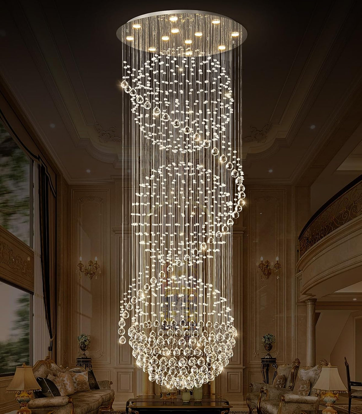 D32 x H100 Crystal Cascade Chandelier for Grand Entryways and Stairwells
