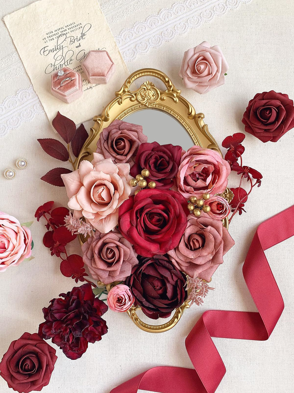 Roses Artificial Flowers Burgundy Red Bouquet Fake Flower Bulk