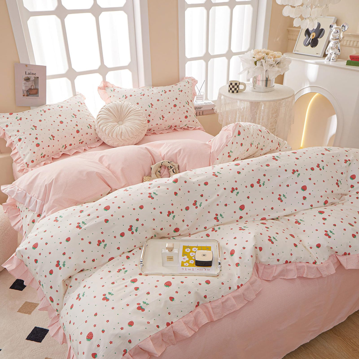 Comforter Set Strawberry Print Bedding Comforter Ruffled Lace Bedding Set Fluffy Fruit Comforters Pink Stripes