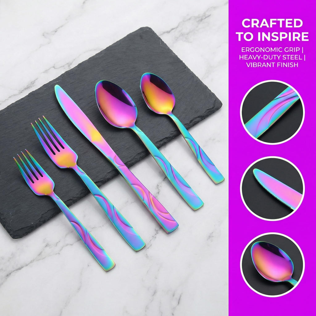 60-Piece Rainbow Silverware Set for 12, Stainless Steel Cutlery Set