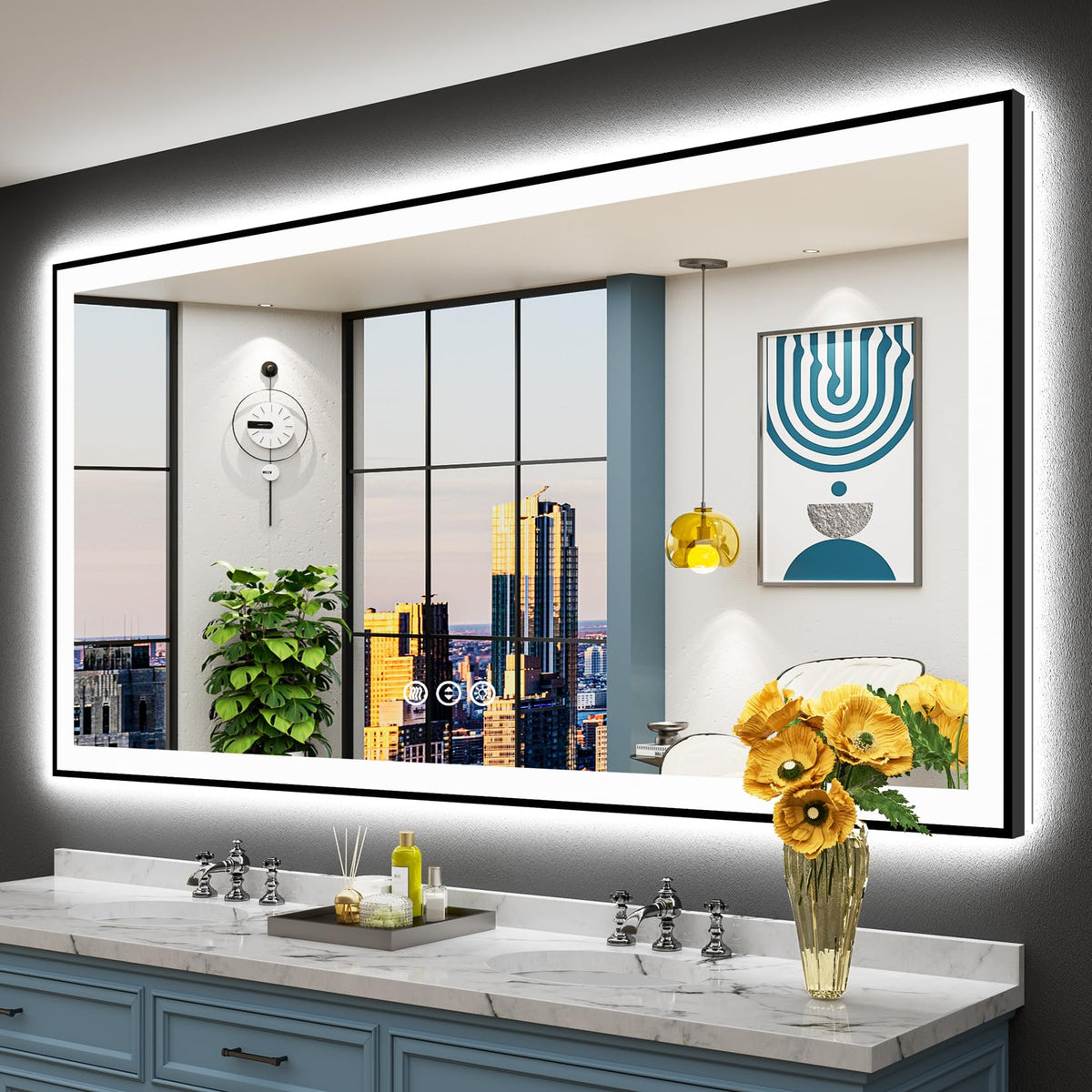 72x40 Black LED Bathroom Mirror, Backlit & Front Lit Lighted Mirror