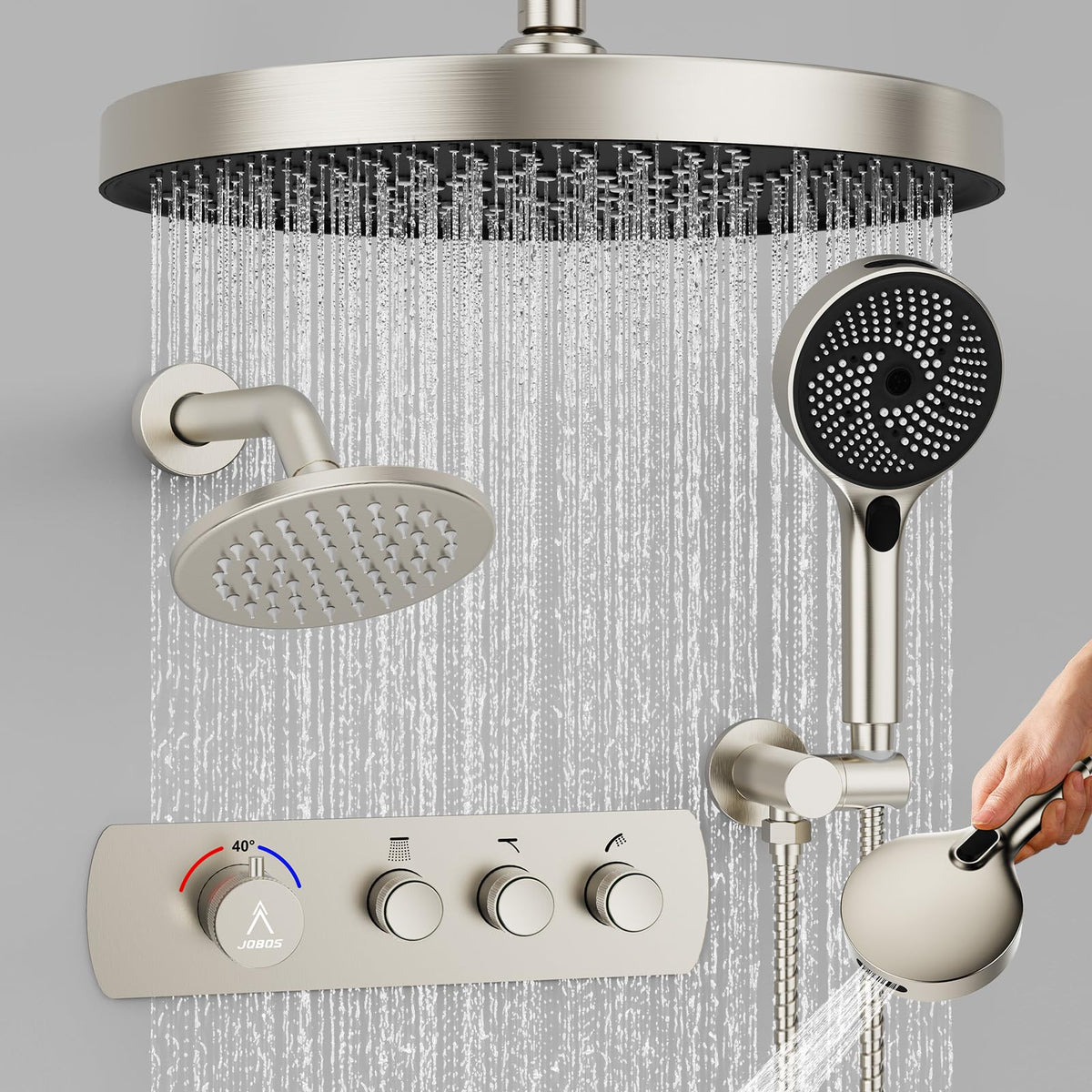 Shower System Brass Thermostatic Shower Faucet Set With Valve and Diverter Shower Mixer with 2 Rain Shower Head and