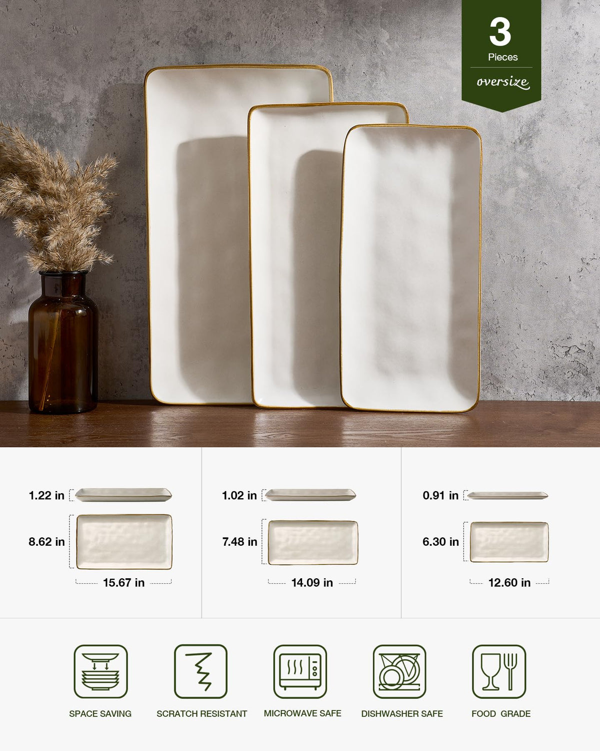 Serving Platters Set of 3 Sizes - Rectangular, Matte White