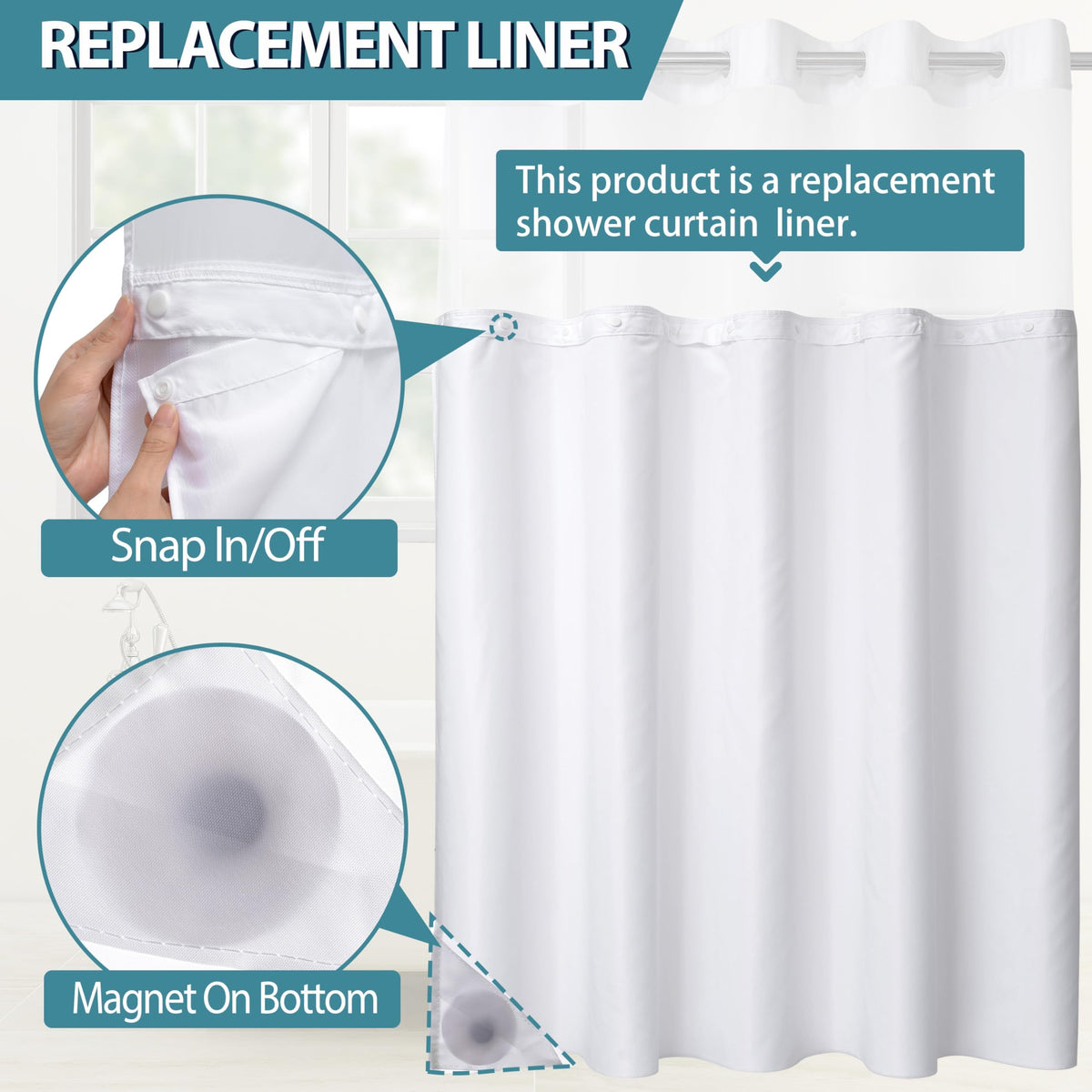 2 Pack Hotel Fabric Snap in Shower Curtain Liner Replacement Removable Water Repellent Liner Shower Curtain Liner 70W