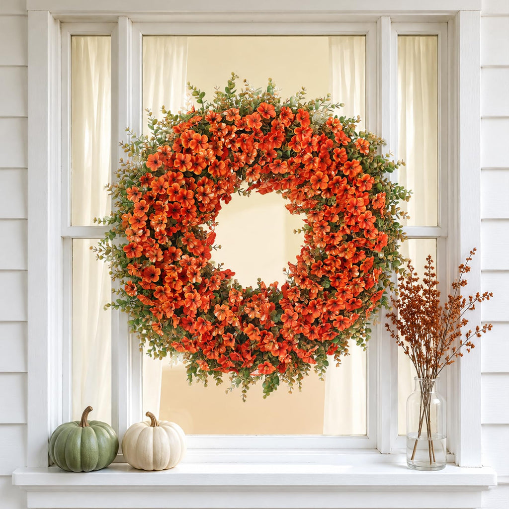 32" Large Artificial Silk Flower Eucalyptus Wreath for Outdoor(Fall Orange)