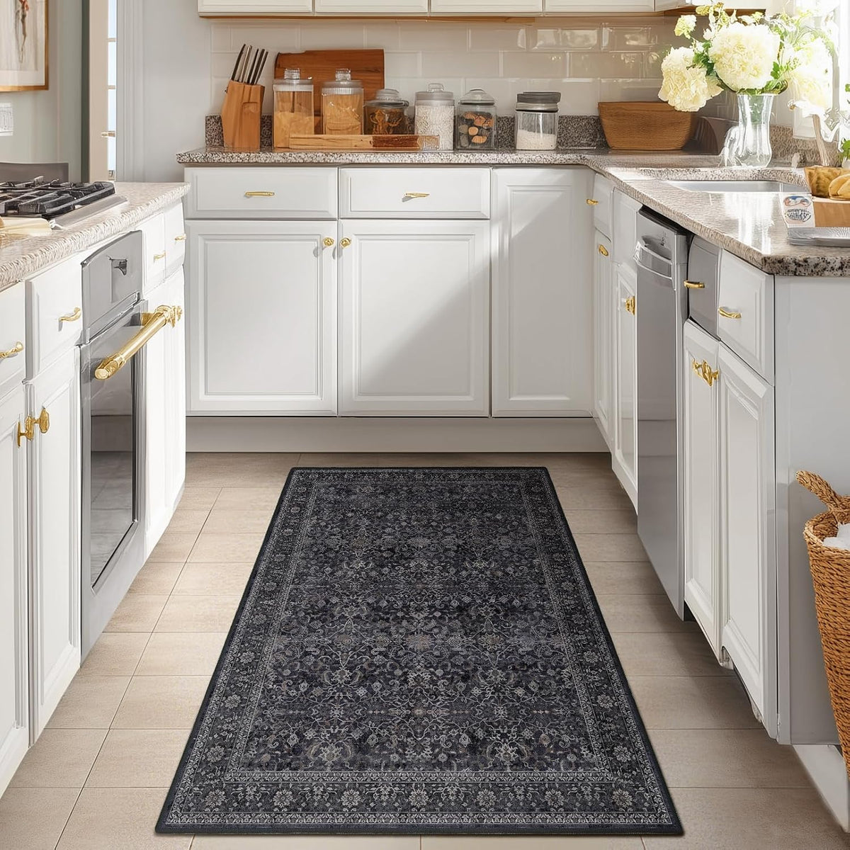 Vintage Dark Entryway Rug Indoor Foyer, Earth Tone Farmhouse Throw Rug Bathroom, Machine Washable Non Slip Thin