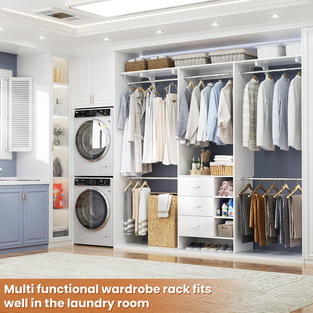 Closet System, Closet Organizer with 3 Wooden Drawers, 8FT Closet Organizer System, 96'' Walk-in Closet Wardrobe