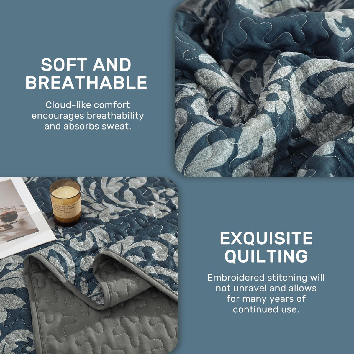 Quilt Bedding Set Navy Damask Bedspread Coverlet 3-Piece