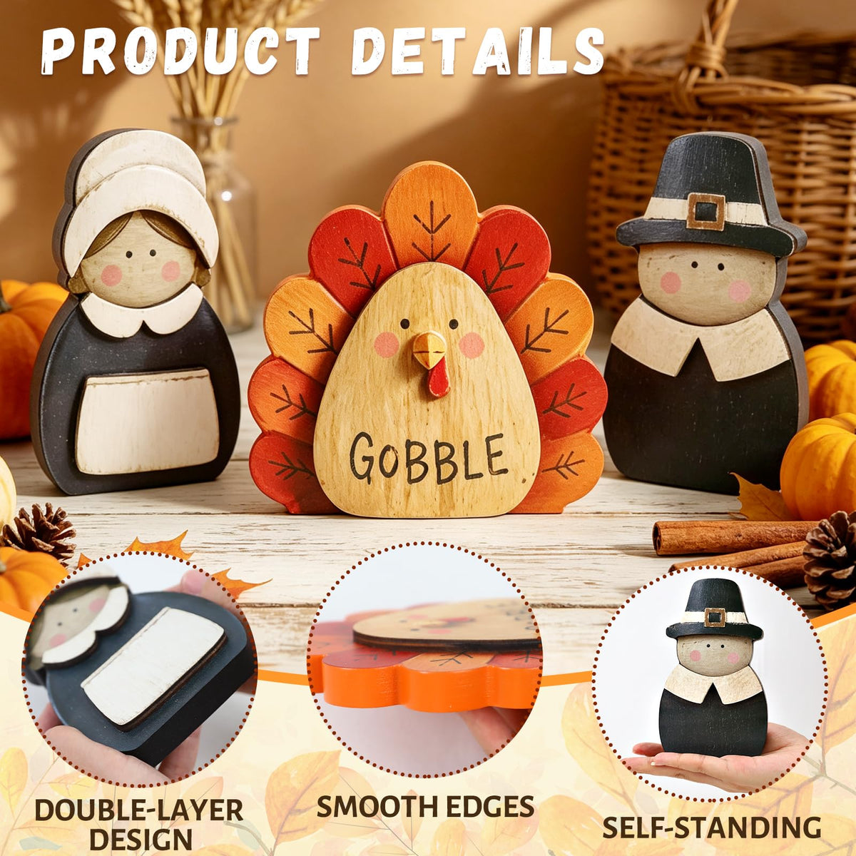 3 Pcs Thanksgiving Decor Fall Pilgrim Turkey Wooden Table Decorations, Thanksgiving Decorations Indoor, Pilgrim Decor