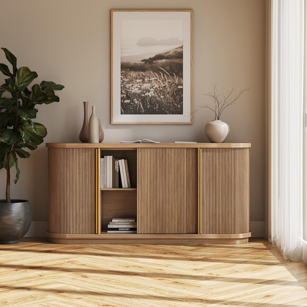 Turin 67" Sideboard Buffet Cabinet-Camel | Modern Style,Fluted Wood Sliding Tambour Door,Oval Curved,Gold
