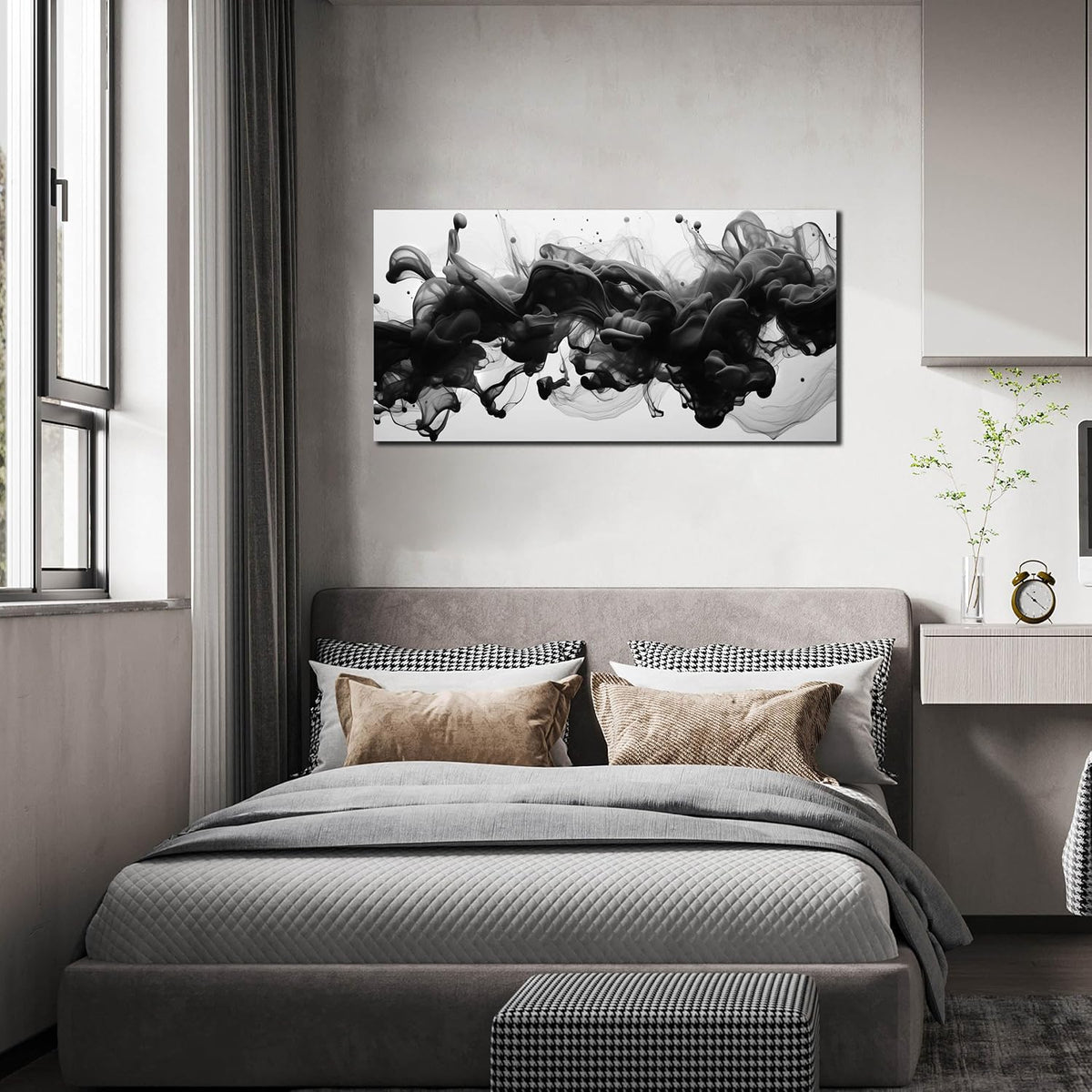 Abstract Black Wall Art, Neutral Black and White Canvas Decorative-Picture Bedroom Office, Contemporary Minimalist
