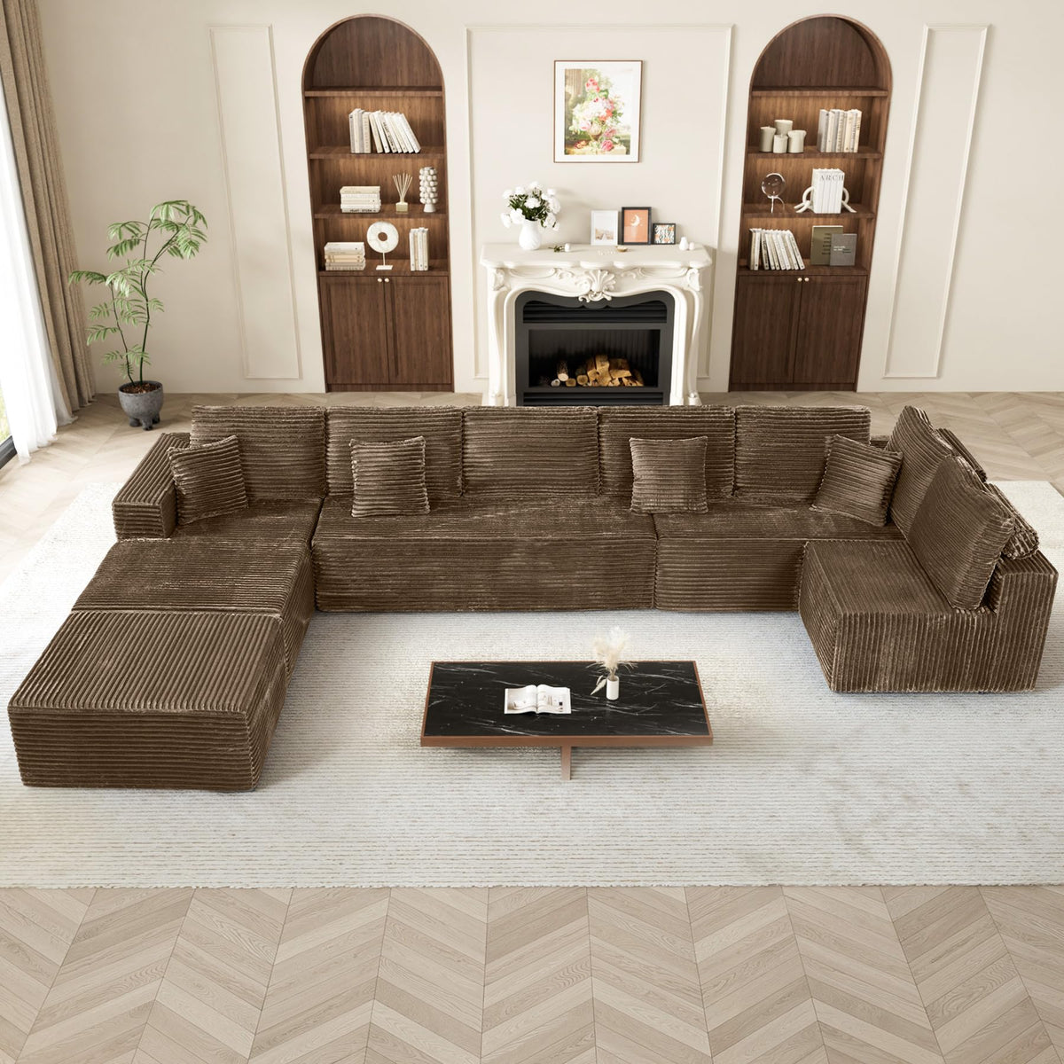 177" U-Shaped Boneless Cloud Modular Sectional Sofa, Brown
