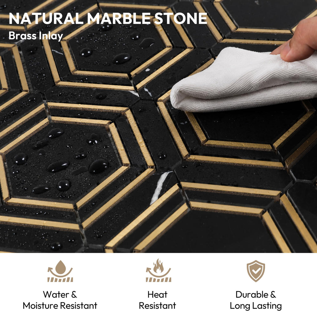 Natural Black Marble 3 Inch Hexagon Mosaic Tile, Polished, 5 Sheets