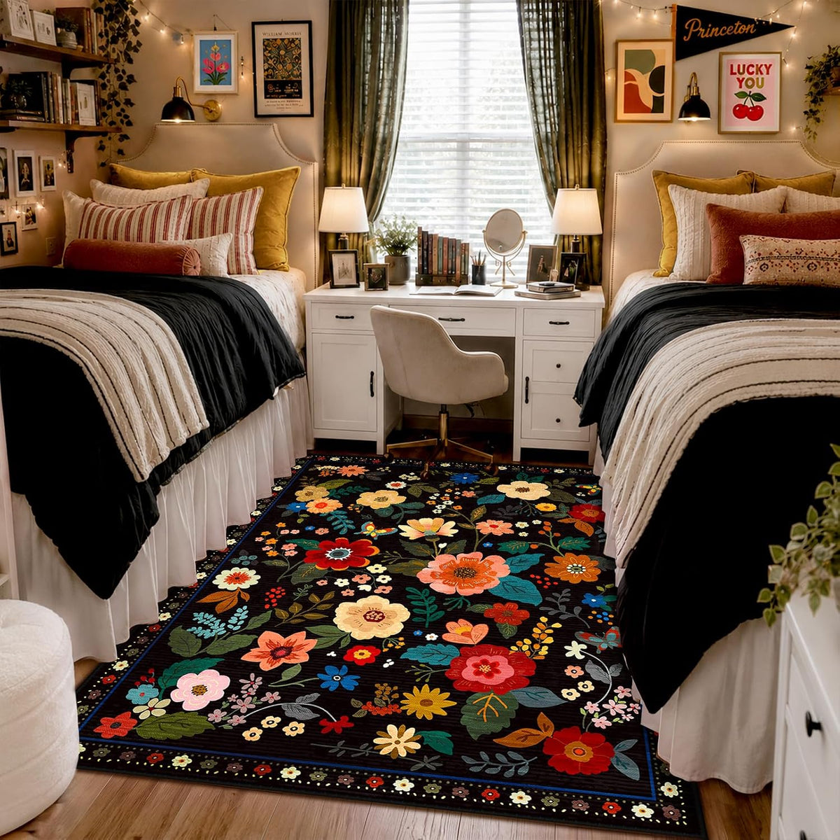 Floral Washable Area Rugs Black