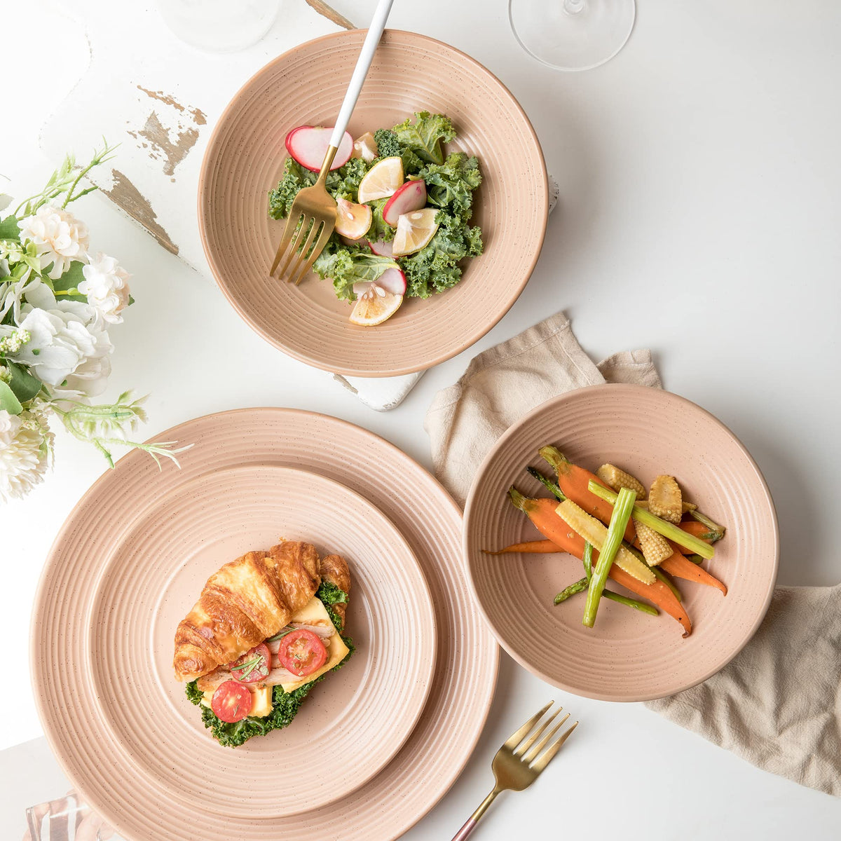 Round Stoneware 16pc Dinnerware Set of 4, Dinner Plates, Side Plates, Cereal Bowls, Mugs - Speckle Matte Coral