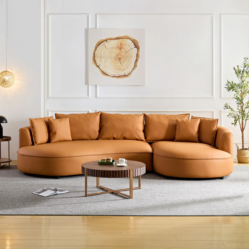 128.7" Oversized Curved Modular Bonded Leather Sectional Sofa with Chaise and 7 Pillows, Deep Seat L-Shape
